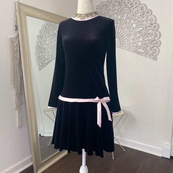 Rare Editions Coquette Whimsygoth Black Pink Drop Waist Mini Bow Velvet Dress S - Picture 3 of 8
